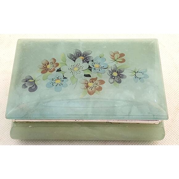 Trinket/Jewelry Box-Alabaster-Green-Flowers-Hinged Edge - Picture 1 of 13